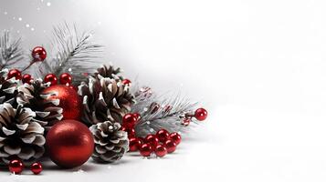 ai genererad jul röd gåva låda med silver- band, med jul ornament i vit och silver- perfekt för hälsning kort och baner bakgrund. Lycklig glad jul hälsning kort foto