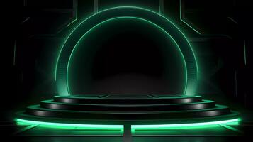 ai genererad podium med trogen grön neon belysning vetenskap skede bakgrund. 3d återges vetenskap teknologi montrar. foto