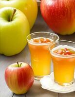 äpple juice och färsk äpplen på trä- bakgrund. selektiv fokus. ai genererad foto