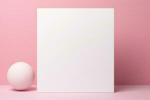 en mock-up av en vit vykort står på en rosa tabell. ai-genererad foto
