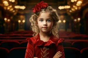 karismatisk skådespelare flicka i små teater. generera ai foto