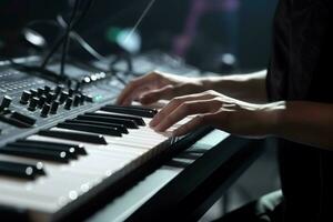 mänsklig händer spelar tangentbord synthesizer. generera ai foto