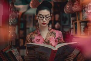 skönhet kinesisk lady läsning i glasögon. generera ai foto