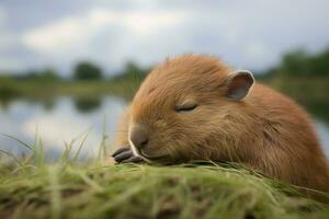 söt brun bebis guinea gris på grön gräs nära de sjö. foto