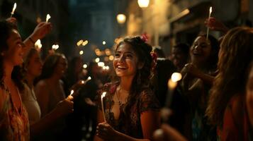 las mananitas, traditionell mexikansk födelsedag låt. grupp av människor med sparklers och ljus i de gata på en natt festival. foto