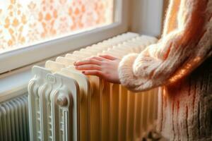 kyligt Hem - flicka innehav radiatorer i värma Tröja - generativ ai foto