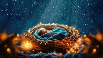 gudomlig strålglans - bebis Jesus i vinvävda krubba, upplyst förbi mystisk ljus - generativ ai foto