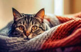 kall hus bekvämlighet - nyfiken grå katt - generativ ai foto
