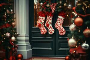 jul strumpor hängande på de främre dörr. ai genererad foto