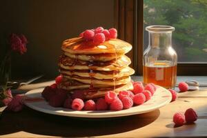 pannkakor med hallon och sås på en tallrik. frukost med pannkakor. ai genererad foto