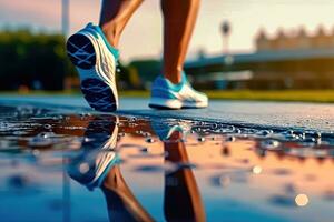 regnig dag springa - idrottarens fötter i sporter skor på våt trottoar - generativ ai foto