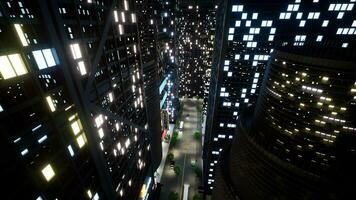 modern skyskrapor med blinkande lampor på natt, trogen stad med stadens centrum gator och kontor byggnader. urban metropol företag distrikt och landskap. 3d framställa animation. foto