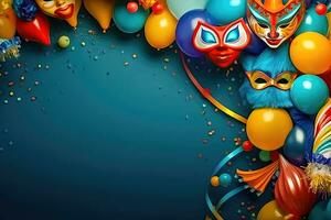 festlig ballonger, masker, och konfetti bakgrund - generativ ai foto