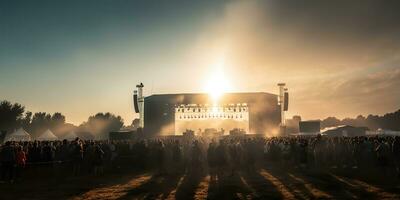 ai genererad. ai generativ. natt öppen luft konsert visa prestanda skede leva musik händelse med många människor runt om. firande roligt fest rave bakgrund. grafisk konst foto