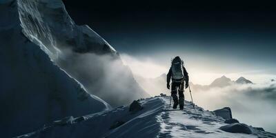 ai genererad. ai generativ. vinter- snö is berg vandring vandring utforskning äventyr aktiva livsstil motivering landskap bakgrund. grafisk konst foto