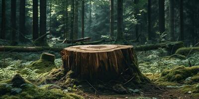 ai genererad. ai generativ. trä- stubbe i de djungel skog. natur utomhus- landskap bakgrund. grafisk konst foto