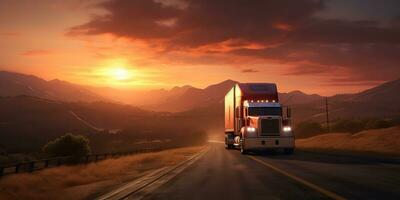 ai genererad. ai generativ. lastbil bil mobil på väg motorväg parkering med solnedgång Land sida landskap bakgrund. grafisk konst foto