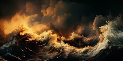 ai genererad. ai generativ. mörk svart och gul stänk vatten hav hav vågor dekorativ bakgrund. grafisk konst foto