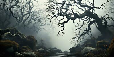 ai genererad. ai generativ. läskigt Skräck ondska mörk gotik halloween skog djungel vriden träd grenar dekoration bakgrund. grafisk konst foto