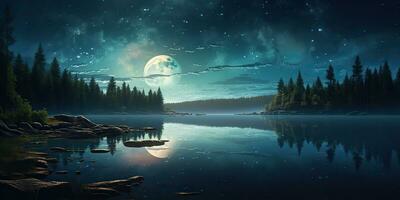 ai genererad. ai generativ. kväll natt natur utomhus- landskap bakgrund full måne och berg. grafisk konst foto