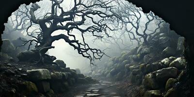 ai genererad. ai generativ. läskigt Skräck ondska mörk gotik halloween skog djungel vriden träd grenar dekoration bakgrund. grafisk konst foto