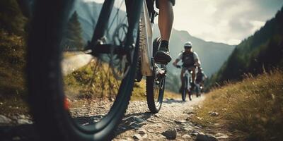 ai genererad. ai generativ. cyklist cyklist aktiva sport transport utomhus- natur berg landskap bakgrund handling. grafisk konst foto