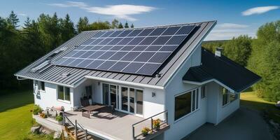 ai genererad. ai generativ. alternativ kraft elektricitet taket hus sol- panel. modern arkitektur byggnad. grafisk konst foto