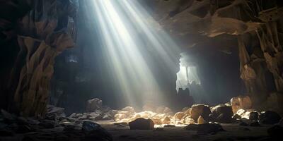 ai genererad. ai generativ. gammal djup grotta under jord witn Sol stråle ljus från ovan. grafisk konst foto