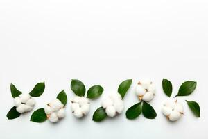 höst blommig platt lägga bakgrund sammansättning. torkades vit fluffig bomull blomma förgrena sig med grön blad topp se på färgad tabell med kopia Plats foto