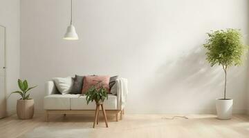 enkel interiör soffa och växt dekorerad med kopia Plats ai genererad foto