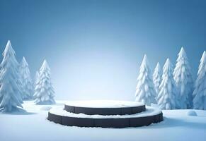 snöig trä- cylinder podium produkt visa attrapp med tall träd i vinter- bakgrund ai genererad foto