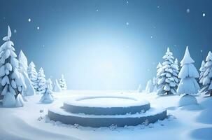 snöig trä- cylinder podium produkt visa attrapp med tall träd i vinter- bakgrund ai genererad foto