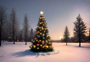 jul tall träd i solnedgång vinter- ai genererad foto