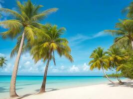 panorama av tropisk strand med kokos handflatan träd, ai genererad foto