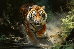 bengal tiger dölja eller Lurking i de skog jakt för byten, djur vilda djur och växter begrepp, djur- i de djungel, farlig tid. foto
