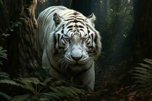 porträtt av vit tiger dölja eller Lurking i de skog jakt för byten, djur vilda djur och växter begrepp, djur- i de djungel, farlig tid. foto