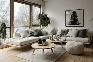 modern stil interiör levande rum värma scandinavian och mysigt med trä- dekoration, mysigt beige tona snygg, möbel, bekväm säng, minimal dekor design bakgrund. foto