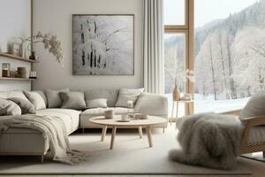 modern stil interiör levande rum värma scandinavian och mysigt med trä- dekoration, mysigt beige tona snygg, möbel, bekväm säng, minimal dekor design bakgrund. foto