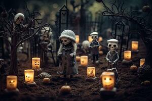 halloween bakgrund med skrämmande söt modell i de läskigt by scen, kyrkogård och gravsten på kyrkogård område på natt. foto