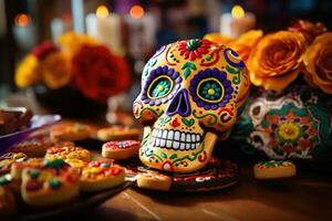 dia de los muertos firande bakgrund med socker skalle, ringblommor blommor, ai genererad foto