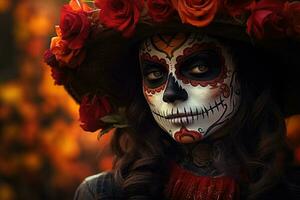 dia de los muertos. dag av de död. kvinna med socker skalle smink på en blommig bakgrund. ai genererad foto