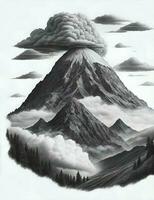 berg, träd med moln gravyr stil illustration foto