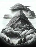 berg, träd med moln gravyr stil illustration foto