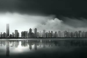 landskap av en modern stad med höghus byggnader längs de kust, svart och vit Foto. ai-genererad foto