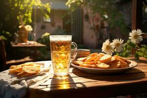 en glas av öl står på en trä- tabell med pommes frites. ai genererad foto