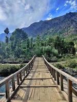 träbro på floden neelum i gurez kashmir foto