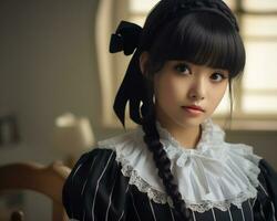 söt asiatisk ung flicka klädd i lolita hembiträde klänning ai generativ foto