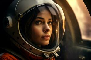 en skön kvinna i en Plats kostym ser ut till de rymdskepp fönster ai generativ foto
