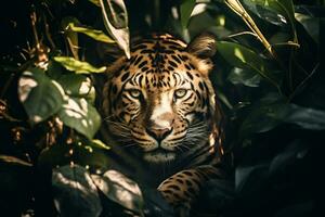 majestätisk leopard vilar under djungel träd ai generativ foto