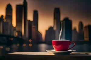 en kopp av kaffe på en tabell i främre av en stadsbild. ai-genererad foto